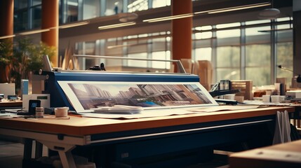 Professional engineering office - large format plotter printing wide blueprints as banner