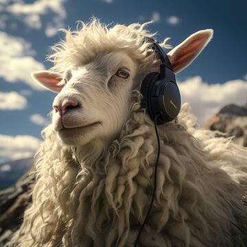 A photo of sheep using headphones and listening music Generative AI
