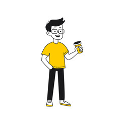 Guy with glasses stands with glass of coffee and his hand in his pocket. Freelancer or programmer at a coffee break. Isolated cartoon flat linear black and yellow illustration on white background