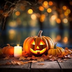 Halloween light pumpkin lantern glowing candle picture blur background