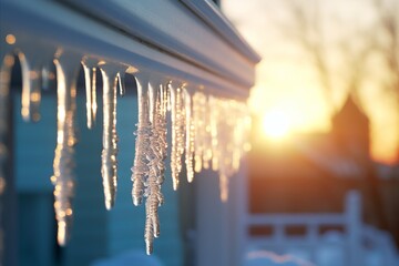 Icicles hanging from gutter and roof in winter   copyspace for website header or creative banner