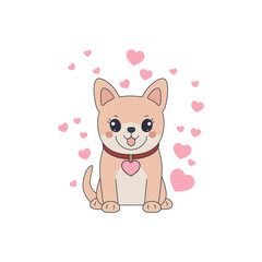 Funny orange welsh corgi and hearts vector illustration. Cool dog welsh corgi. Cartoon dog