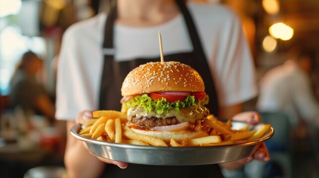 Waitress carrying a hamburger with French fries in fast food restaurant - Powered by Adobe