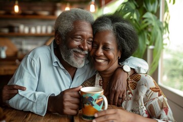 Happy senior african american couple embracing and drinking coffee at home - obrazy, fototapety, plakaty