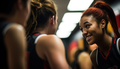 Fototapeta premium Girls woman basketball players in the locker room talking. Sport, smile, competition, determined, win, cinematic, AI.