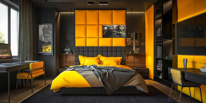 Modern stylish teenager's room interior with workplace and bed