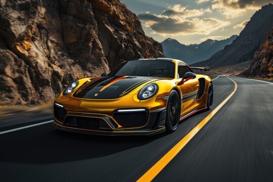 Image of Yellow sport car with black auto tuning on the road Generative AI