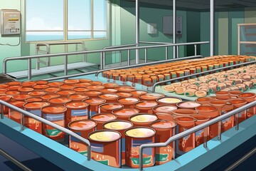 Illustration of a canning factory, cans with contents moving along a conveyor belt for labeling and marking