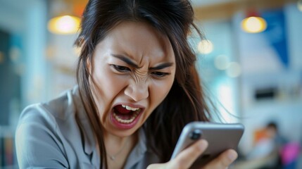 Irritated woman arguing phone workplace closeup. Furious lady disputing mobile