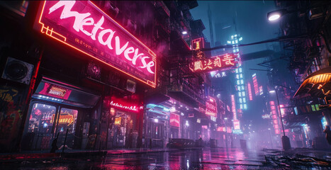 Dark cyberpunk neon city in rain, store sign Metaverse in futuristic town at night, wet modern street with red, purple and blue light. Concept of future, background, game, technology - obrazy, fototapety, plakaty