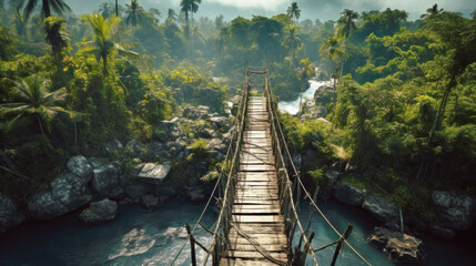 Suspension wood bridge in jungle, vintage dangerous footbridge across tropical river. Landscape of green forest and blue water. Concept of travel, adventure, nature