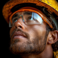 Worker man portrait with a working helmet and uniform