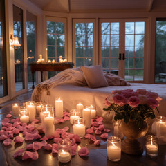 candles and flowers inspo set up in a sunroom for a romantic couple's massage and unwinding evening