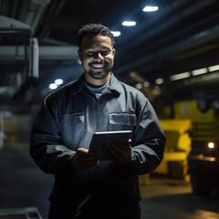 man standing in warehouse factory smiling at his notepad looking at how he is ahead of work, his profits are good, his shipments are on time, and business is prospering well