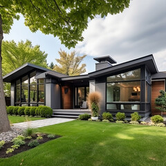 Dream Bungalow with High celings, floor to ceiling lightly tinted windows, trees for privacy, lush grass and hedges, paved walkway, wood, concrete, stucco, and black window finishings. 