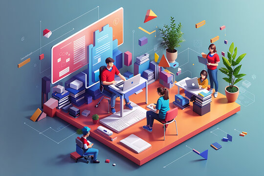 Learning management system concept 3d isometric web scene. People studying at online course platforms and using different software and training services design. Illustration in isometry graphic design