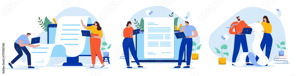 Leinwandbilder business documents and contracts collection - set of vector illustration with people reading and wri