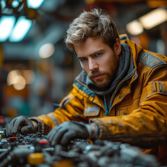 Mechanic working on fixing a mechanical engine 
