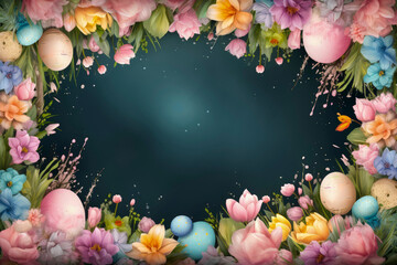 Delicately colored Easter eggs and delicate spring flowers lie on blue surface, creating perfect place for text and advertising. Concept  of symbol and celebration of Easter holiday. Copy space.