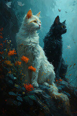 Serene cats gazing into the distance of a magical forest