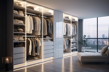 A modern wardrobe interior with white shelving and city views