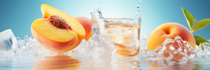 Glass with water, ice and peach juice and splashes of water