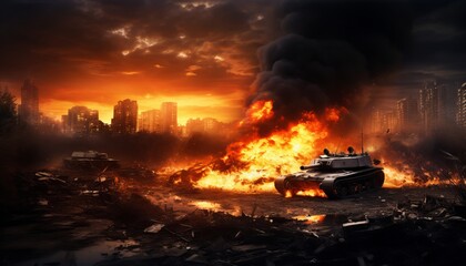 Armored tank crosses mine field in epic war invasion scene with fire and destruction in city