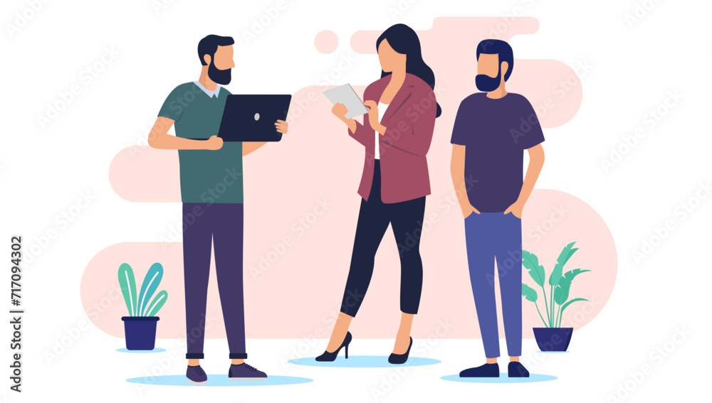Poster Office people working together - Group of three business characters with computer and device talking and discussing as a team. Flat design vector illustration with white background