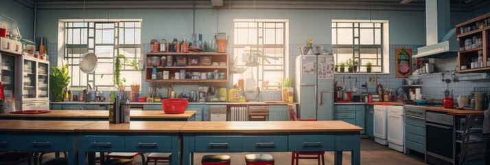Empty school or university kitchen with large windows and cooking utensils, banner