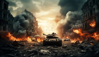 Armored tank crossing minefield, epic war invasion with fire and destruction, banner with copyspace