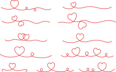 Heart lines bundle hand drawn doodle love linear red color icon set isolated on transparent background. Vector collection for valentine day invitation or greeting card drawn design. Heart text divider - Powered by Adobe