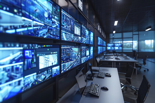 Industry 4.0 Modern Factory: Security Control Room with Multipoke Computer Screens Showing Surveillance Camera Footage Feed. High-Tech Security.