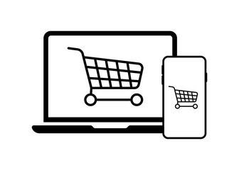 Shopping cart icon. Laptop and phone screen. Silhouette style. Vector icon