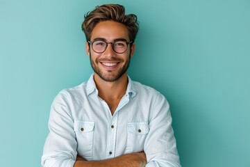 Photo of cheerful attractive handsome entrepreneur standing confidently with hands folded smiling beaming isolated over pastel color background - obrazy, fototapety, plakaty