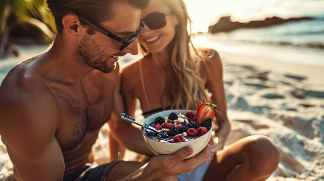Young couple enjoying a tropical acai bowl on a sunny beach.