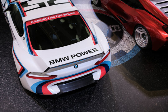 Munich, Bavaria, Germany - June 24 2023: 2015 BMW 3.0 CSL Hommage in the BMW automotive museum. Classic and Modern BMW Collection.