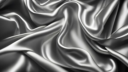 3D render beautiful folds of light shiny silk, like foil or metallic surface in full screen. Beautiful clean fabric background. Simple soft background with smooth folds like waves on a liquid surface.