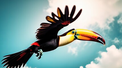 Vibrant Toucan in Mid-Flight Against a Cloudy Sky - Wildlife Photography