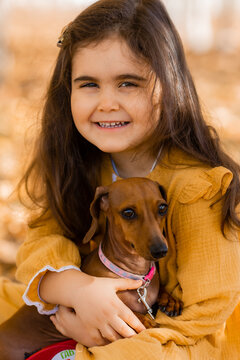 Cute little brunette girl walks in autumn with a dachshund dog in the park. High quality photo
