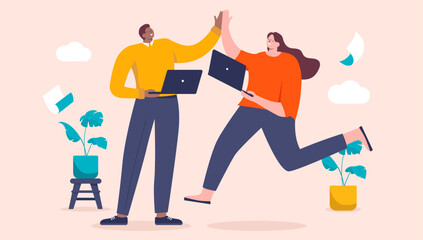 People doing high five - Two cartoon characters in flat design being happy and cheerful at work together after achievement and success