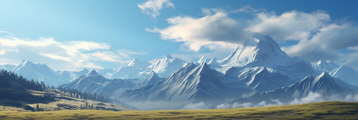 Panorama of snow-capped mountains in the clouds on a sunny day, Ai Generated