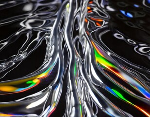 Liquid abstract chrome textures with iridescent reflections and black background for wallpapers, banners and web design