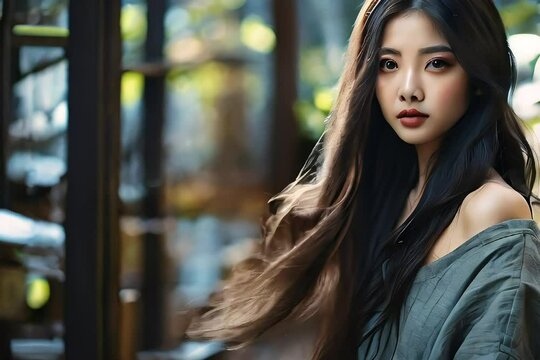 Ebony Serenity: Long-Haired Japanese Maiden in Captivating Portrait