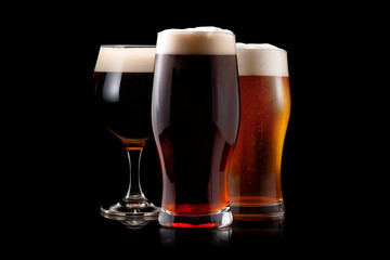 Set of Beer glasses on a black background. Mugs with drink like Ipa, Pale Ale, Pilsner, Porter or Stout