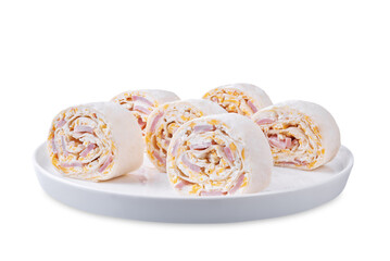 Ham Cheddar cheese cream cheese pinwheel on a white isolated background