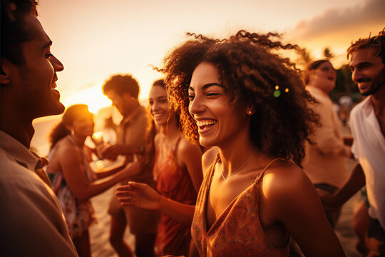 A diverse group of friends having fun at a beach party