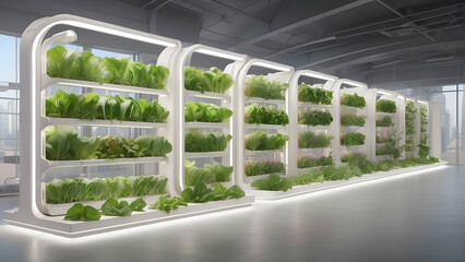 Fresh organic vegetables grown indoors in hydroponic vertical farming systems and modern agricultural technologies for growing plants generated by ai