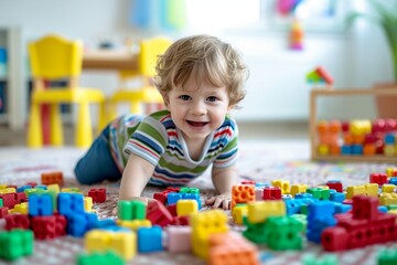 Fototapeta na wymiar Small child in the playroom. little happy and cheerful boy plays with colorful constructor cubes. Pre-school development and education