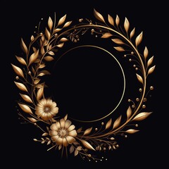 Gold flower wreath circle decoration floral frame images black background