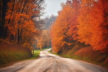 Driving autumn road, orange/red trees, falling leaves, scenic tourist road ahead, decision. Generative AI